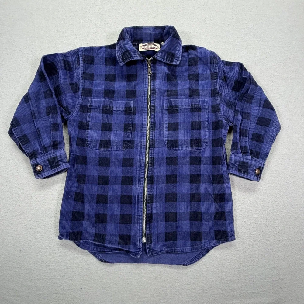 Sonoma Zip Up Shirt Jacket Boys S 8/10 Vintage Blue Buffalo Plaid Corduroy‎ 90s